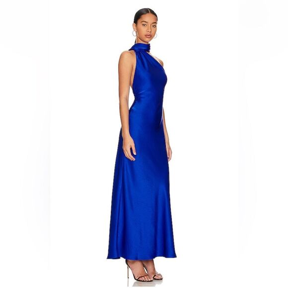MISHA Alastair Satin Gown Electric Blue sash one shoulder satin maxi Revolve 6 - Picture 4 of 9